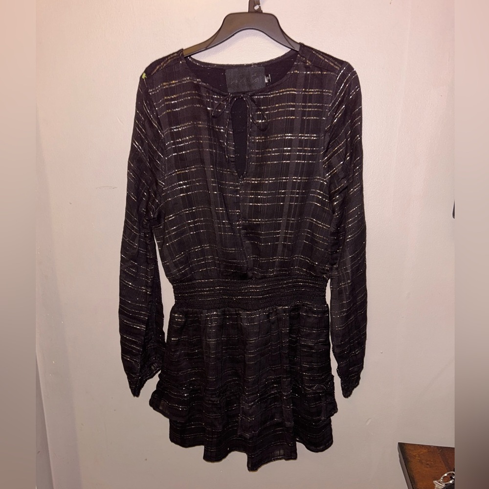 Vacate the Label Dress - black long sleeve ruffle mini length w/silver metallic - Picture 2 of 11